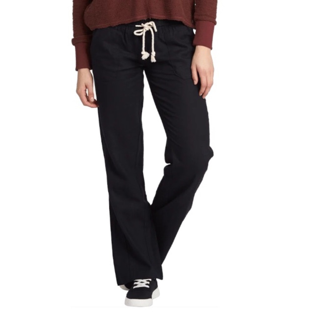 Roxy Oceanside Cotton Linen Blend Charcoal Elastic Waistband Flare Pants M